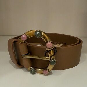 Rachel Comey Brown Leather Belt with Gold Buckle and Pink & Green Stones